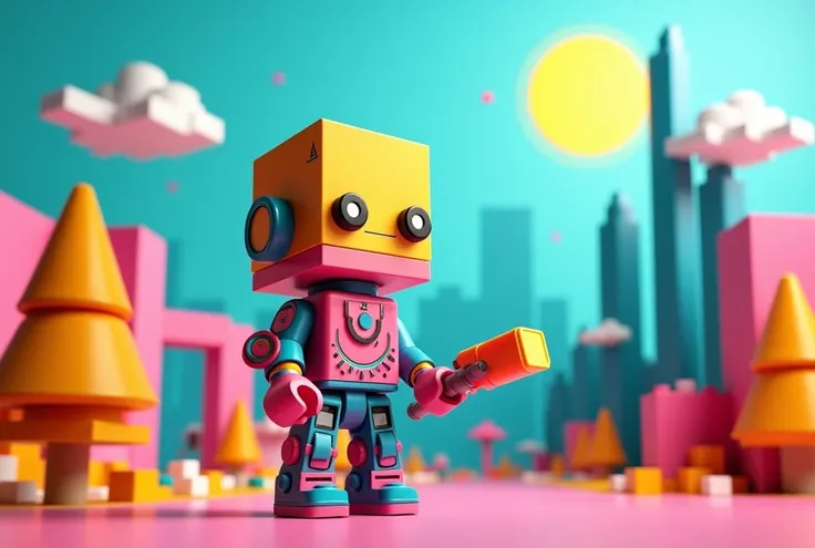 A unique toy figurine designed in a blocky and modular style, featuring a rectangular head with simple geometric features, customizable arms and legs in a mechanical, non-human style. The design should include vibrant, solid colors, and avoid any elements ...