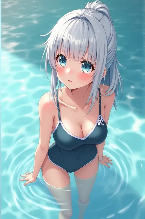 girl,Young,cheeks,Blush, silver hair,Stinky eyes , ponytail ,get wet, school swimwear,drops of water ,forehead, upward glance , full body, Medium breasts, lift one leg 