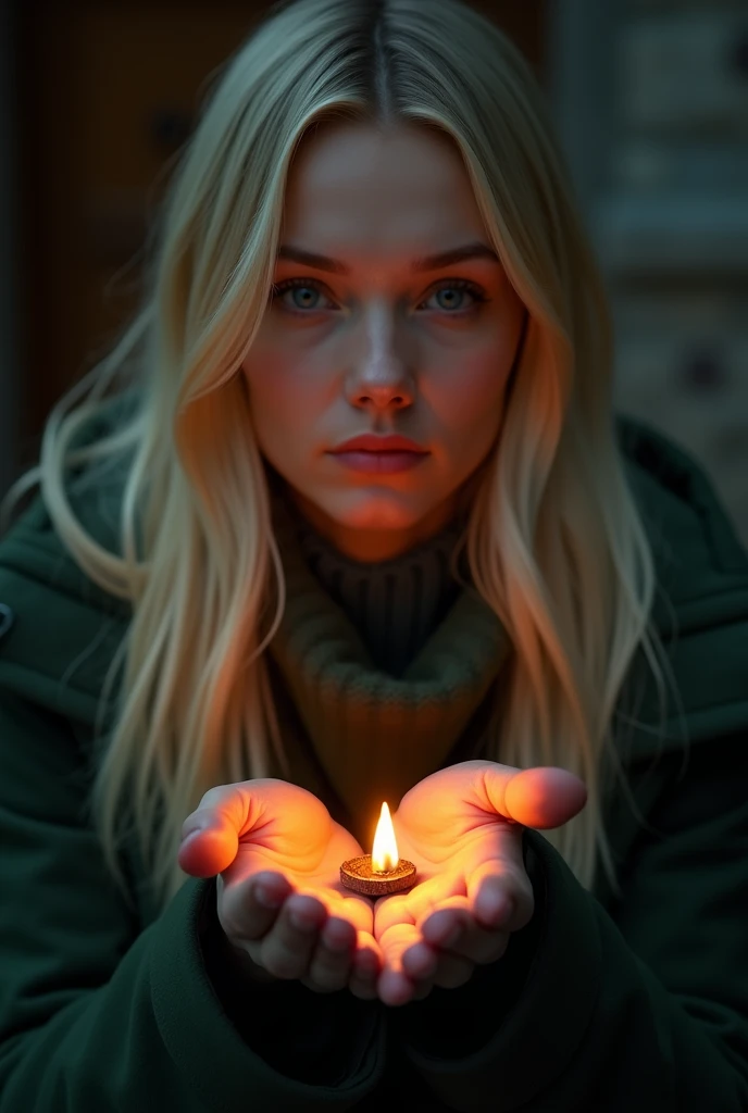 A cinematic close-up of the same blonde-haired woman holding a small, flickering flame in her open palm. She wears a dark green coat, the firelight reflecting softly in her blue eyes. The background is dim, and the flame symbolizes warmth, passion, and fri...