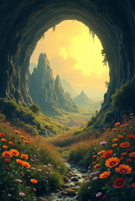  Create a landscape that is located underground without any contact with the surface .  The view is of a vast cave inside a fanciful dark cave , illuminated by a mysterious yellowish .  The ground is covered entirely by flowers of all sizes and colors and ...