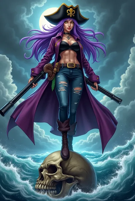 A pirate woman ,  anime style, lots of chest, 30 YEARS, long violet hair,  yellow eyes ,  pirate hat with a gold snake badge,  with an evil smile , Stepping on the skull of a Cyclops, She wears a shotgun ,  a purple trench coat with details in jade green a...