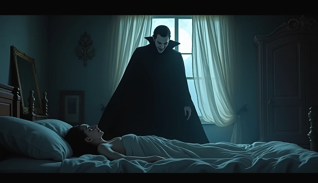 A dramatic scene with Count Dracula looming over a victim in a dimly lit bedroom. The curtains billow from the open window, and his fangs glisten in the moonlight