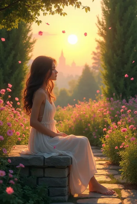 Create an image of a beautiful girl sitting on a garden during sunset