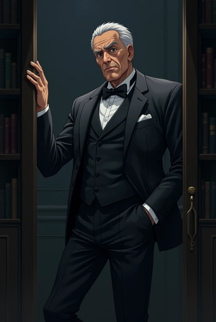 ((Anime guy)), ((40 years old)), (wearing clothes in dark academia style), (nervous expression), ((masculine features)), in the dark room, leaning against the door frame. 