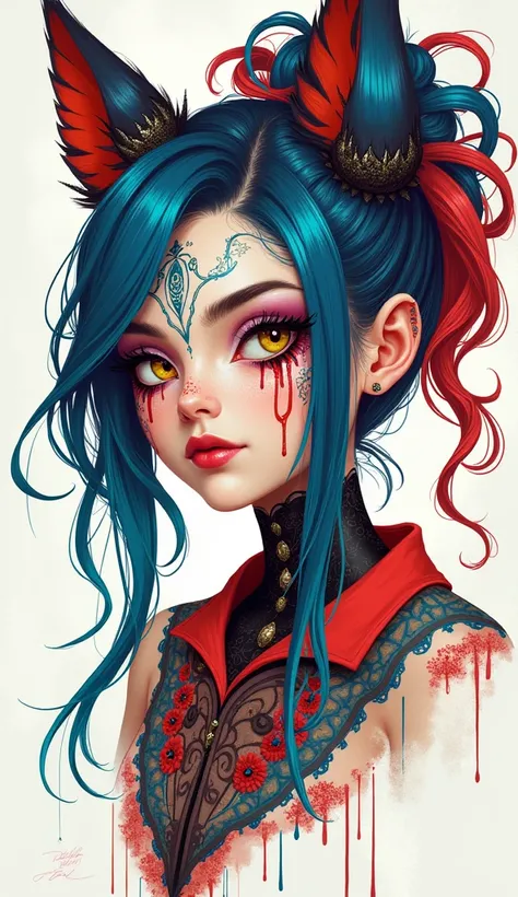 depicts an artistic illustration of a character with vivid and fantastical features. The character has brightly colored hair, multicolored eyes, and elaborate face designs that resemble tattoos or makeup. The style is bold and dynamic, incorporating elemen...