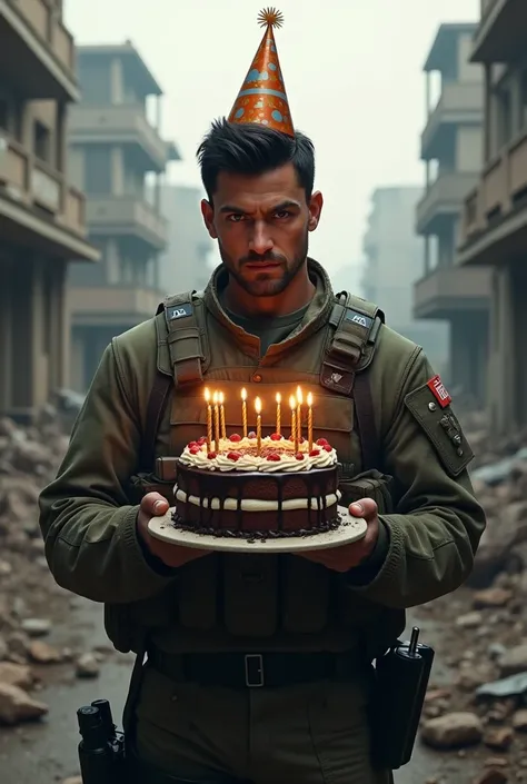 a dark-haired Call of Duty soldier wearing a birthday hat and holding a birthday cake