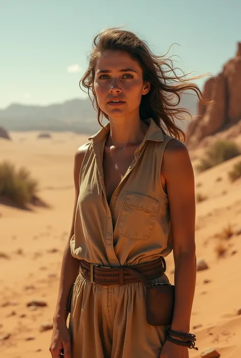 A woman stands in distress in the desert 