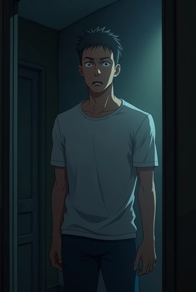 ((Anime guy)), ((40 years old)), (wearing casual clothes), (nervous expression), ((masculine features)), in the dark room