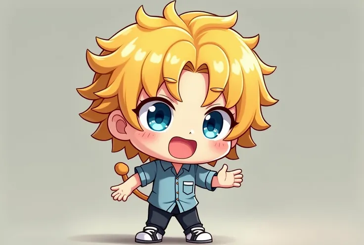 chibi style、 full body、toe、shoes、(masterpiece),４Life size 、 1 man、 Bright golden hair、 blue eyes、Chibi、Shirt Style、Diner manager、  open mouth, smile、Perfect full body figure 