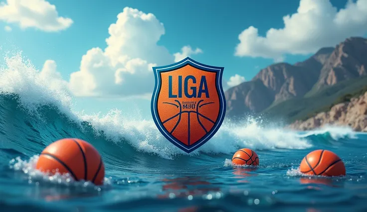  A SHIELD THAT IS DISTINCTIVE OF A BASKETBALL LEAGUE THAT SAYS ( LIGA MAR Y SIERRAS  ) in Spanish, AND IN THE BACKGROUND YOU CAN SEE MOUNTAINS AND SEA with big waves and lots of basketballs floating in the sea