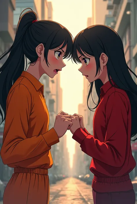 2 anime girl one in orange clothes second in red clothes arguing angry and jelaousy