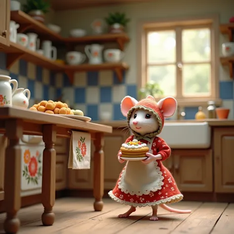 A charming ,  lively scene in a cozy farmhouse kitchen :  A little felt mouse woman stands on the floor ,  in front of a rustic wooden table ,  on which the ingredients for her freshly baked cake are spread — flour , owner,  a milk can and a rolling pin . ...