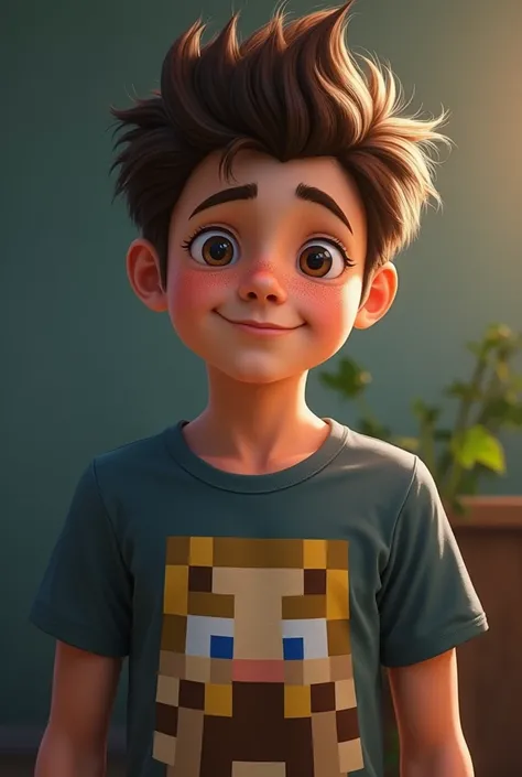  Create a realistic image of a boy named Ares  with crested brown hair .  Make him like to play video games like Minecraft , fortnite and brawl stars ,  make him have a Minecraft t-shirt that has Ares arrocito on it and that he gets very angry when they me...