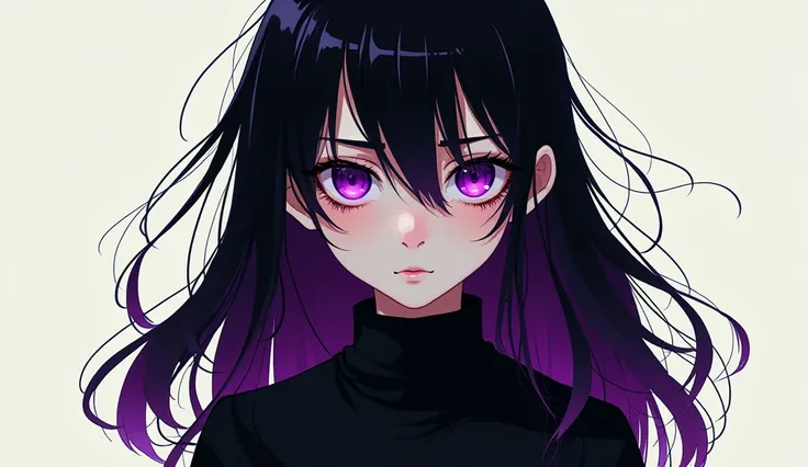 Young girl,  long black and purple hair,  hard shadows, breasts, flat colored , black clothes covering the arms, purple eyes 