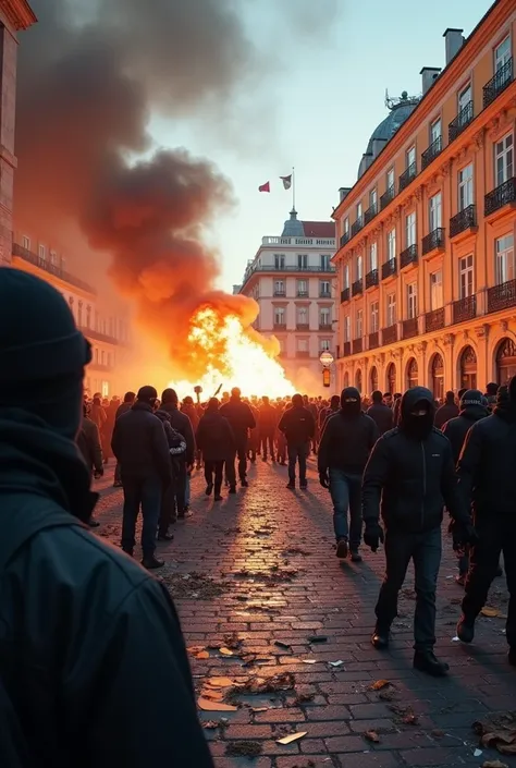 Martim Moniz Square in Lisbon with police cars on fire and people with balaclavas at war