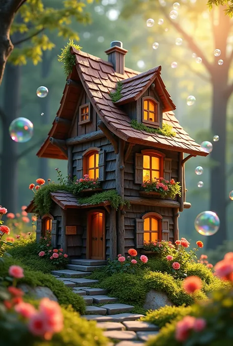  Image shows a charming fairytale house with wooden walls and a roof, bright flowers bloom in moss .  Soap bubbles fly out of an open window on the second floor ,  shimmering with all the colors of the rainbow .  They float in the air ,  creating a magical...