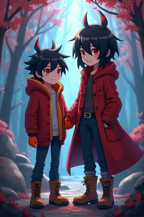 Generate a 15-year-old boy with a red coat and hood, brown boots, navy blue jeans, a white shirt, orange gloves, black hair, red eyes and that he is next to Chara from Undertale 