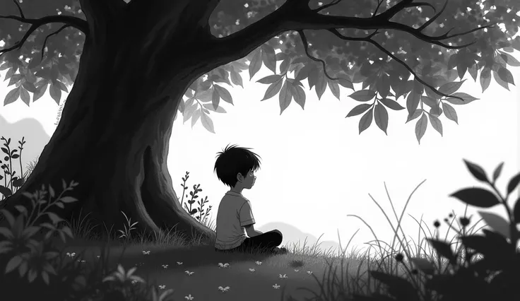 create a 16:9 black and white thumbnail in which a silent boy is sitting in a garden under a tree