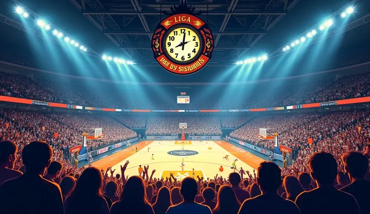 a basketball stadium full of people cheering on the teams and on the central clock a shield that says (LIGA MAR Y SIERRAS  ) in Spanish