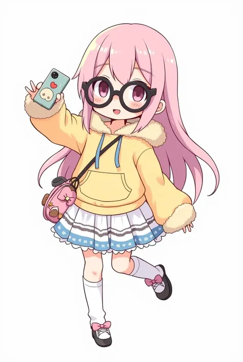 A chibi-style drawing of a cute girl standing in a cheerful pose with her arms slightly open. She has long pastel pink hair flowing down her shoulders, wearing oversized black glasses and a fluffy yellow hoodie with a furry hood. Her outfit includes a laye...