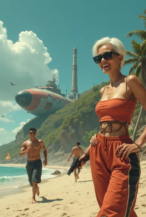 A short-haired, white-haired Thai aunt in sunglasses, stood with her chest stretched, one hand on her waist, the other holding a shortgun, smiling proudly, on a hill with trees, in front of the building of a spaceship repair plant, from the point where the...