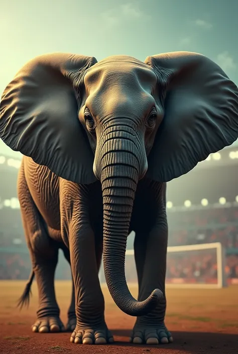 "Create a surreal hybrid image of Cristiano Ronaldo and an elephant. Blend Ronaldos athletic physique, sharp jawline, and confident expression with the majestic features of an elephant, including its trunk, large ears, and textured skin. The elephants trun...