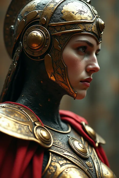 Roman goddess, warmonger, death, destruction and ruin, head to breast, legionnaire cybernetics. High Resolution, Masterpiece, Award Winning, Best Quality, High Details, High Quality, UHD, Optical Illusion, Impressionism, Art Deco, Cinematic, Cinematography...