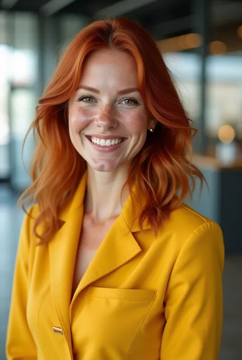 commercial consultant beautiful woman natural red film with freckles smiling in yellow corporate uniform marked as above to promote a product