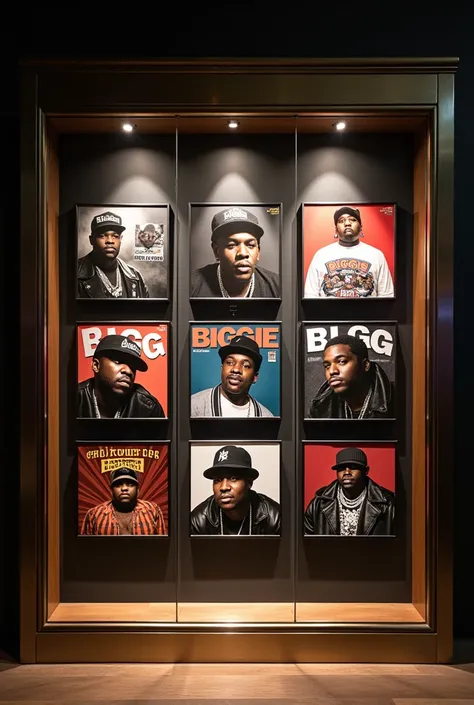 IMAGE OF A COLLECTION OF BIGGIES ICONIC ALBUM COVERS DISPLAYED IN A LUXURIOUS SHOWCASE.