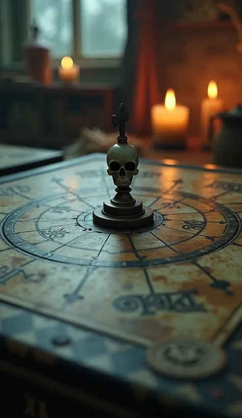 A close-up of a mysterious game board with an old, creaky spinner landing on a skull symbol, flickering lights in the background.