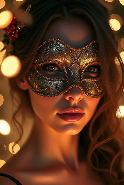 Close up of a beautiful woman wearing a venetian mask with beautiful christmas decorations 、(( Intense Orgasms, ))、  beautiful model nose close-up 、 Focus on the nose , , focus clearly on your nose  、(( Nose hair grows inside the nasal cavity  ,  show your...