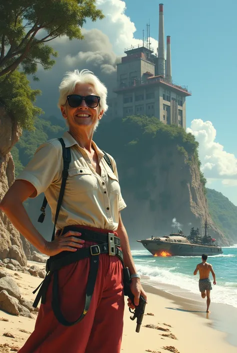 A short-haired, white-haired Thai aunt in sunglasses, with a good shape, somewhat wrinkled skin, about fifty years old, stood stretching her chest, one hand on her waist, the other holding a shortgun, smiling proudly, on a cliff with trees, in front of a s...