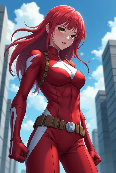  My Hero Academia style ,   anime girl , woman, young woman ,  full body shot ,( Fighting Stance :1.3),Long Hair, Red Hair,   Brown Eyes , hero suit, Full Body Suit,  red suit with white details, perfect anatomy,  enhanced abs , super detailed,(building:1....