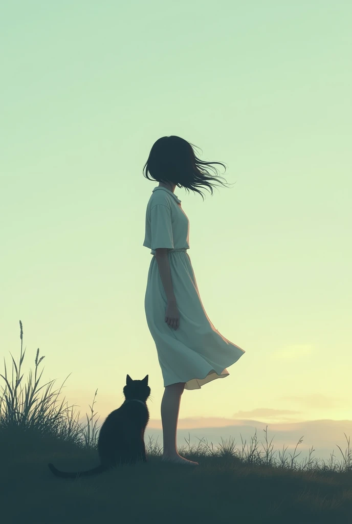 une femme au cheveux mi long qui regarde DEBOUT l’horizon, de dos avec un chat au millieu 