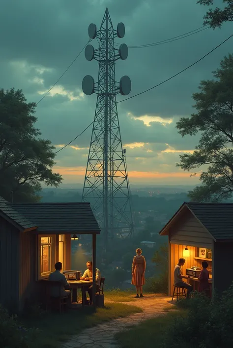 a radio tower transmitting its signal while watching the scene of people in their homes listening to the radio 