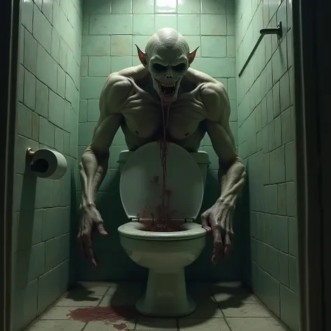 a giant and creepy creature coming out of the toilet, the image has a dark air