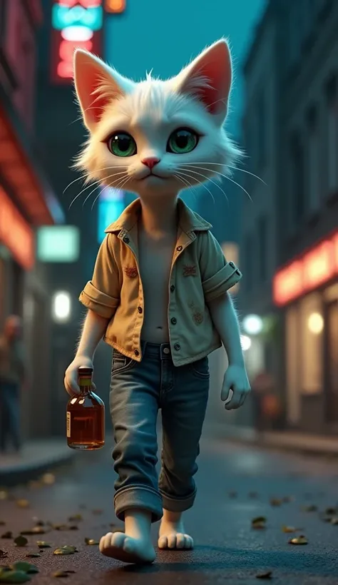 In cinematic 3D style, HD image, realistic image ,colourful image.
Character, thin Johnny big white cat wearing cream dirty shirt and blue jeans. 
Action,Johnny Big White Cat is walking down the street with a bottle of alcohol in his hand and he is walking...