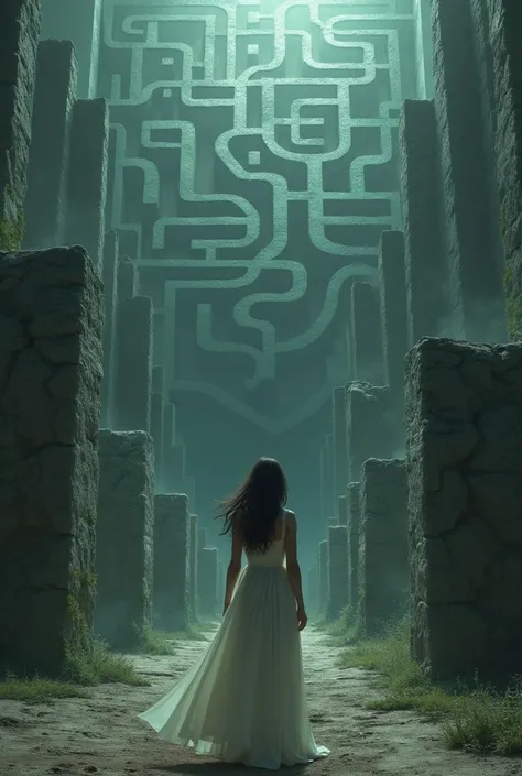 Generate a drawing of a woman standing in front of a maze, wearing a dress and looking at the maze but the maze looks big and scary, and bring both the maze and the woman closer