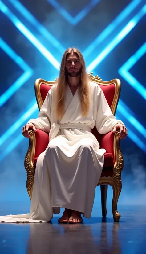 Create an ultra-realistic image of a Jesus Christ-like boy with long hair sitting in a luxurious red and gold chair on a brightly lit, smoke-filled stage. He is dressed in a long, all-white robe. The backdrop features a dramatic, softly blurred display of ...