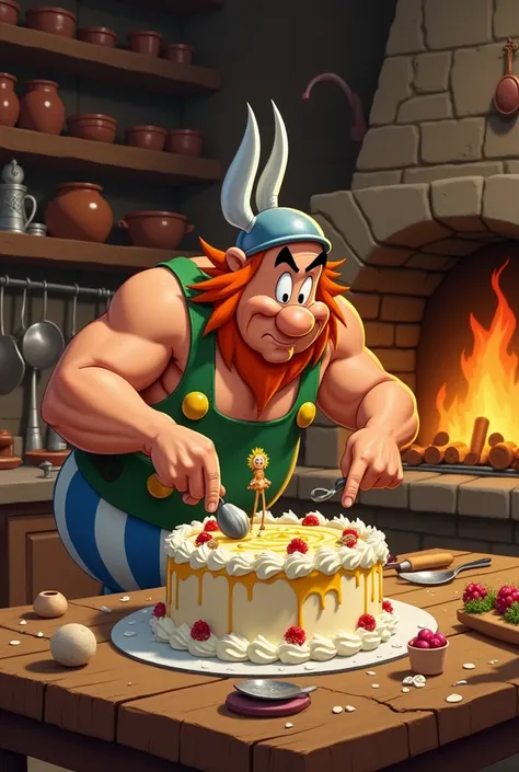 Asterix is desighing a cake 