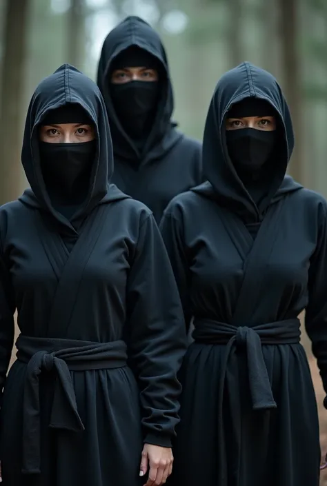  In this dark and mocking scene ,  two ninja women are standing ,  with their bodies in a firm and challenging posture .  Only their eyes ,  hidden behind their masks ,  who reflect determination and courage . Behind them, their partners ,  are also seen d...