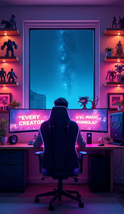 Create a vibrant, immersive image of a content creator in his gaming room. He’s sitting in an ergonomic chair illuminated by RGB lights, facing a curved triple-monitor setup. On the center screen, a bright, futuristic-style quote reads: “Every creator has ...