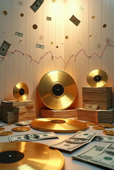 IMAGE OF GOLD AND PLATINUM RECORDS ON A WALL, WITH STACKS OF MONEY AND SALES GRAPHS. money bills floating in the air