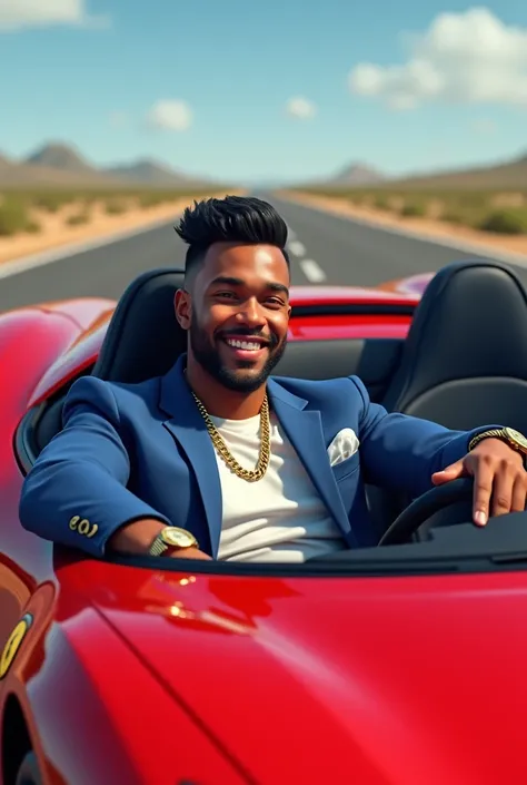  Cheerful white man with black hair, with blue sports suit ,  gold chain and gold watch ,  red sports car 