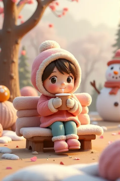  Plush park ， A plush bench ， A plush snowman and a cute  sitting on a chair， wearing warm clothes ，Handheld hot drinks ， adds a warm feeling to the scene ，cute,Funny,outdoor, Fresh and small landscape ，3d