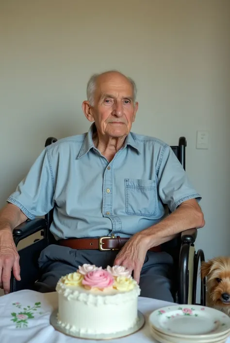  An elderly person in a wheelchair is seated in a simple indoor environment . In front of the elderly ,  there is a round table covered with a white towel with green floral details. on the table,  there is a white cake decorated with pink and cream icing f...