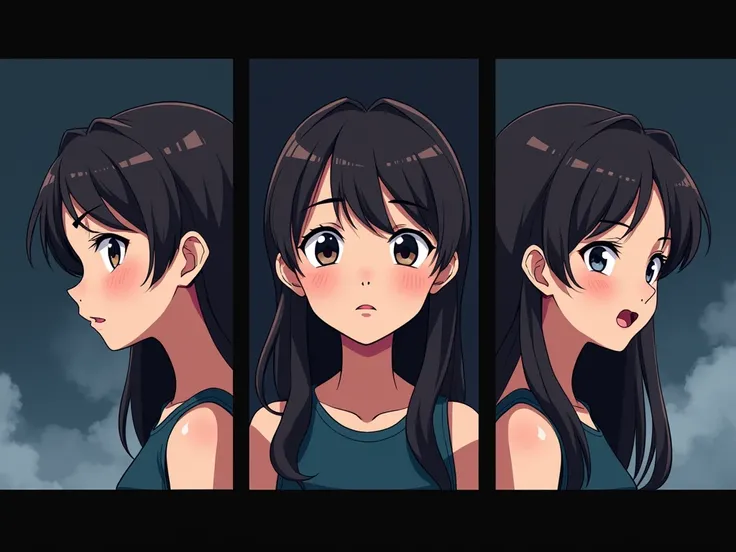 Anime girl 2d black movie with 3 expressions eyes and mouth open , eyes and mouth closed ,  open mouth closed all with the same pose and looking forward