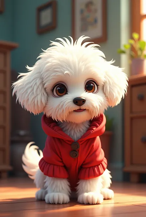 Pixar-style white Maltese bichon with disheveled hair and a red coat