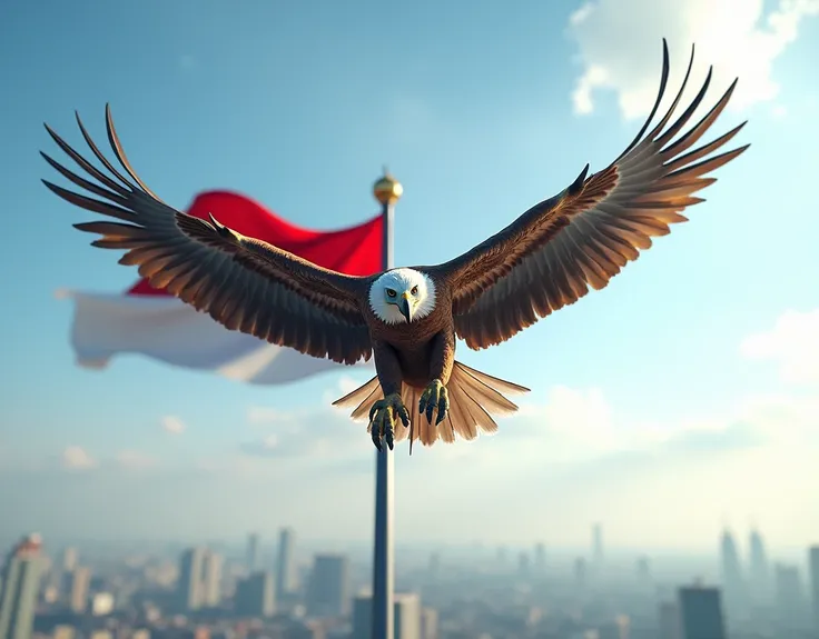 an eagle is flying , His feet gripped the flagpole on which he held the Indonesian flag
