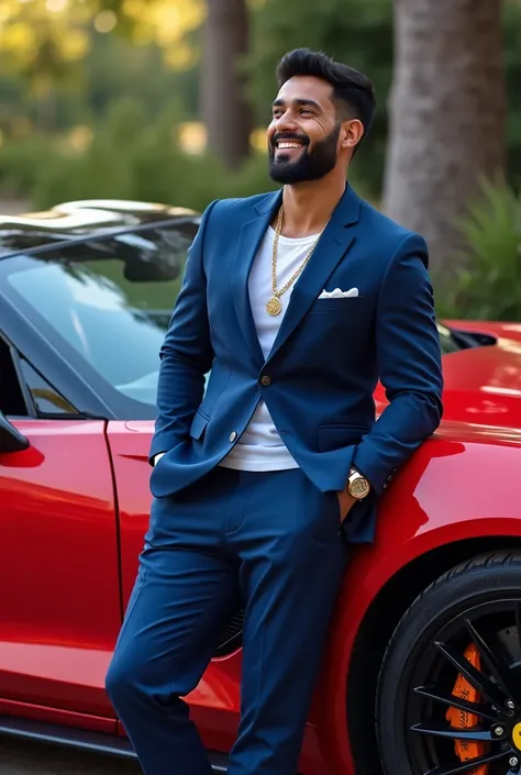  Elegant black-haired cheerful white man , with blue sports suit ,  gold chain and gold watch ,  propped up outside of a red sports car, The car with full view 
